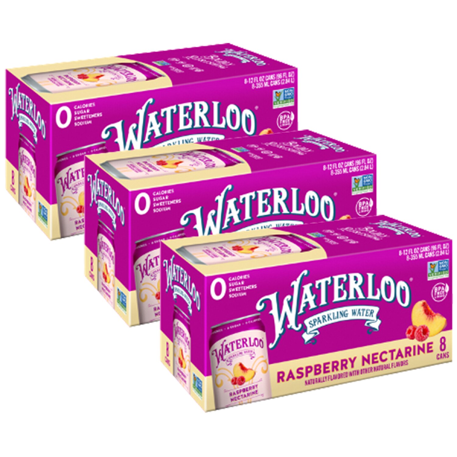 Waterloo Sparkling Water, Raspberry Nectarine, Cans, Case